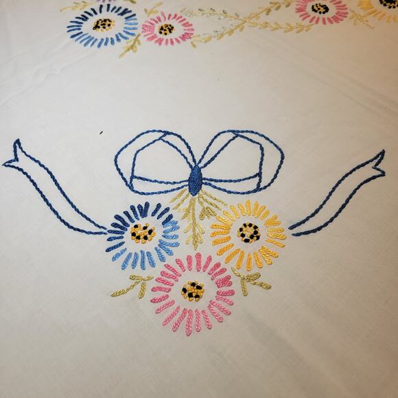 Vintage Handmade Bedspread Embroidered Flowers 72x80 Fringe Edges Floral Retro - Picture 5 of 14